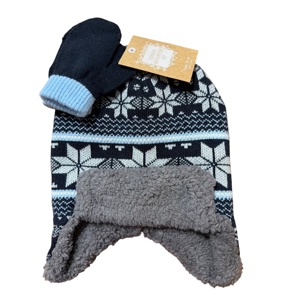 Toddler Boys Hat & Mitten Set Fair Isle Blue & Gray Size 2T-4T Brand New